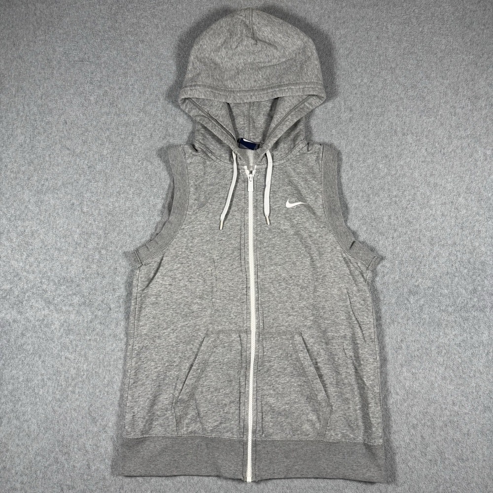Nike Womens Sleeveless Full Zip Hoodie Vest Gray Swoosh Athletic Hooded Size S